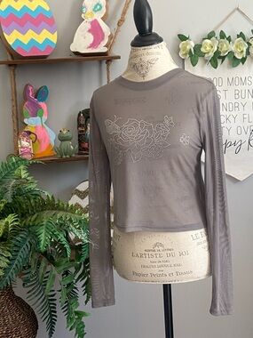 Charlotte Russe XL Gray See Through Long-Sleeve Embellished Rose Top